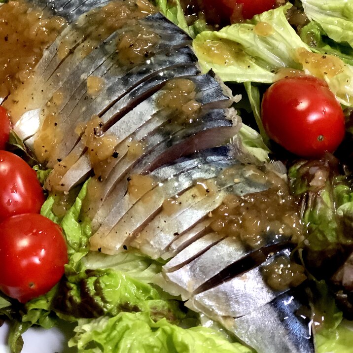 燻製鯖の生ハムサニーレタスミニトマトのサラダ